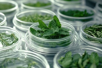 Fresh Mint Leaves in Petri Dishes, Ideal for Botanical or Science Stock Photos