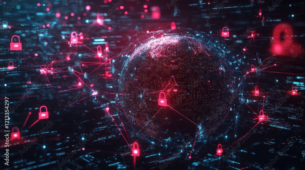 Poster global network security, data encryption, digital world, cyber threat, background code