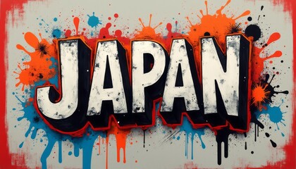 This dynamic image features the word JAPAN in striking, oversized letters, surrounded by a burst of colorful splashes in orange, blue, and black. The energetic design captures the essence of modern