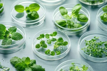 Obraz premium Fresh Mint Leaves in Petri Dishes, Ideal for Botanical or Science Stock Photos