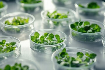 Obraz premium Fresh Mint Leaves in Petri Dishes, Ideal for Botanical or Science Stock Photos