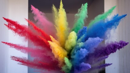 A vibrant explosion of colored powder bursts in a spectrum of hues, creating a lively and dynamic scene filled with energy and celebration.