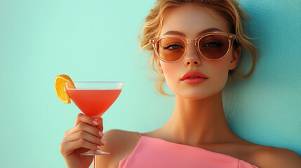 girl with bright makeup, glasses and a cocktail in her hand. She wears a summer pink dress and enjoys the moment, holding a glass with a drink garnished with a slice of orange.  