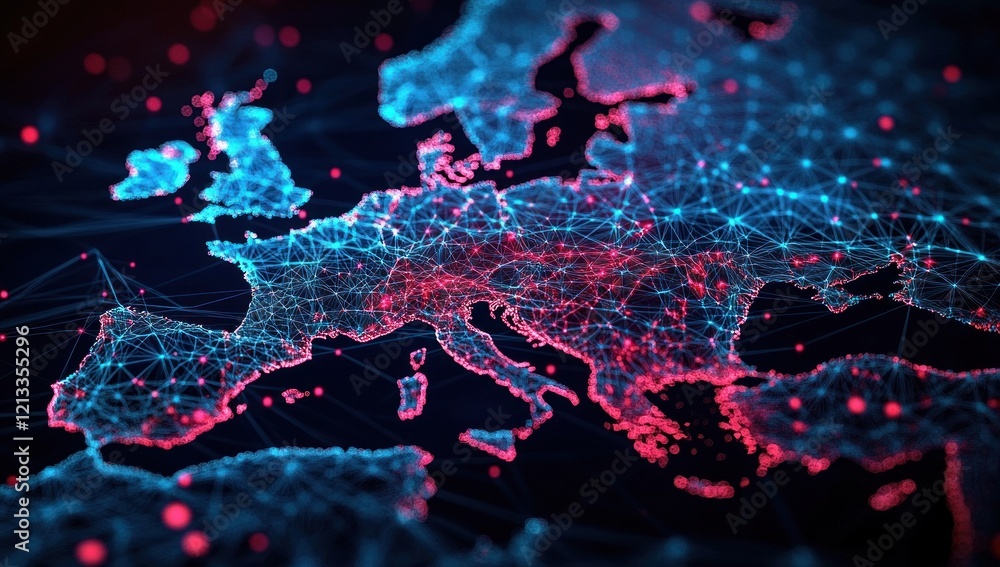 Poster futuristic digital map of europe showcasing global connectivity and data transfer with red and blue 