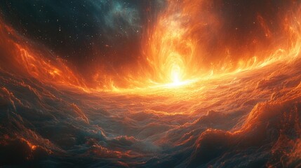 Fiery Cosmic Landscape: Swirling Nebula and Glowing Particles