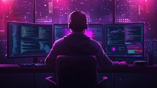 A hooded figure sits before three monitors displaying lines of code against a vibrant city backdrop. Illustrates late-night coding, software development, or hacking themes.