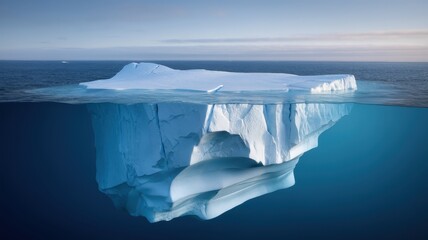 A stunning blue iceberg floats majestically in the serene ocean, showcasing its massive submerged structure contrasted against the clear sky.