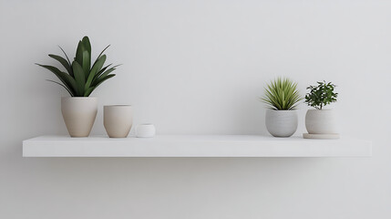 A white shelf with a few potted plants on it