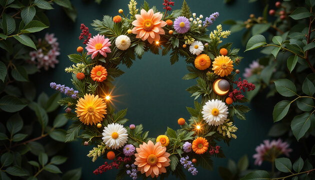 Blooming flower wreath with sun and moon symbols, magical decor, Spring Equinox - Powered by Adobe