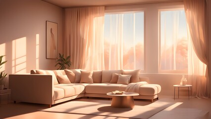 Fototapeta premium Warm sunlight streams through sheer curtains onto a beige L-shaped sectional sofa in a minimalist living room.