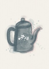 Cute navy Teapot watercolor illustration on textured paper