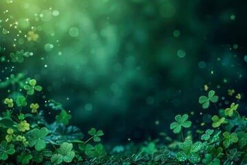 Clover leaves on green background. Three-leaved shamrocks. St Patrick Day holiday symbol. Template for design card, invitation, banner