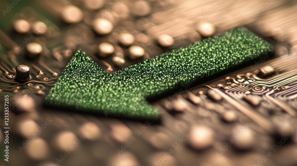 Poster a vibrant green arrow made of glitter is prominently placed on a circuit board. metallic components 