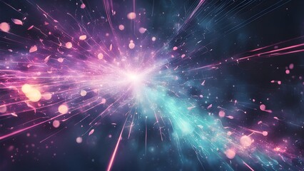 Obraz premium Abstract background with vibrant pink and teal light streaks, glowing particles, and bokeh effects, creating a dynamic and energetic cosmic or futuristic scene.