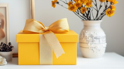 Beautifully Wrapped Yellow Gift Box with Ribbon on Floral Arrangement