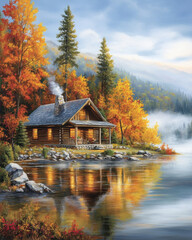 Fototapeta premium Serene Mountain Cabin by Tranquil Lake