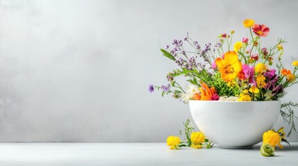 Vibrant Floral Bouquet Arrangement in a White Ceramic Vase on a Minimalist Background