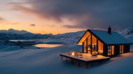 Obraz premium Cozy Winter Cabin with Scenic Mountain and Lake View at Sunset