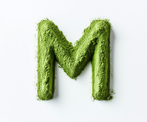 A letter M made from matcha powder. Minimalistic design on a plain white background