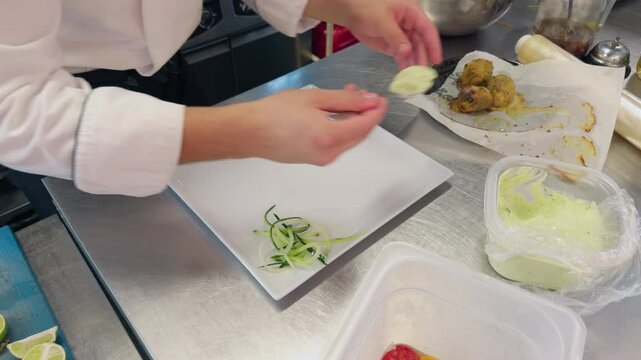 Plating Of A Raw And Cooked Fish Based Appetizer In A Luxury Italian Kitchen
