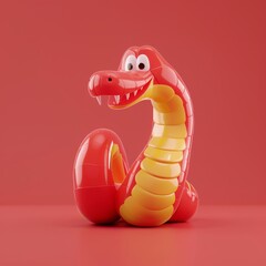Fototapeta premium A friendly red and yellow cartoon snake with big eyes and fangs smiles against a red background.