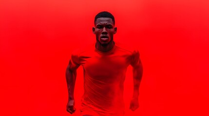 Energizing a Focused Athlete in Motion Against a Vibrant Red Background: Captivating Stride. Low-Impact, High-Intensity Cardio Workout Concept