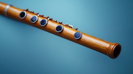 Naklejka premium Wooden Flute Close-Up Soft Light Pastel Blue Background Musical Instrument
