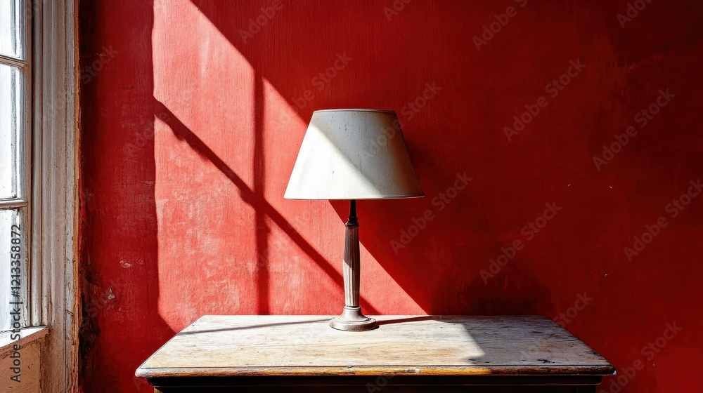 Poster soft sunlight filters through a window, casting angular shadows across a vibrant red wall, highlight