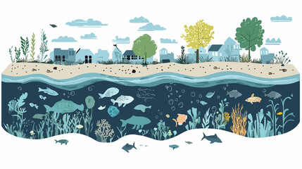 Detailed Water Environment Ecology Line and Fill Vector Illustration