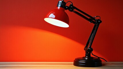 A modern desk lamp with a bright red shade casts a warm light on a wooden surface, creating an inviting atmosphere in a stylish workspace during the evening