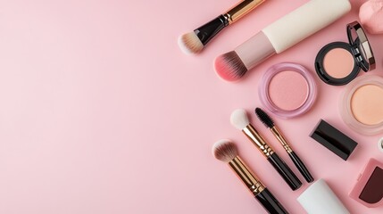 Obraz premium Pink Beauty Makeup Flatlay: Brushes, Compact Powder, Blush, Lipsticks, and More!