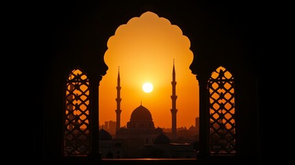 A silhouette of an Islamic mosque against the backdrop of a sunset, framed by a window with arches. The sun sets behind it, casting long shadows and creating a warm glow on its walls. In front of it i