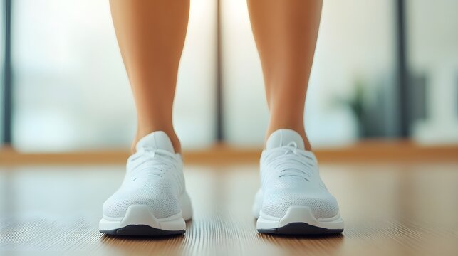 Dynamic Step Aerobics Session with Focus on Sleek White Sneakers and Fit Legs in Modern Space. Low-Impact, High-Intensity Cardio Workout Concept