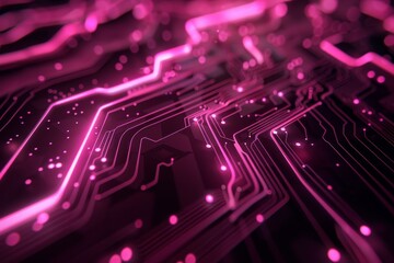 Obraz premium Abstract close-up of a circuit board with glowing pink lines and dots, representing technology, innovation, and connectivity.