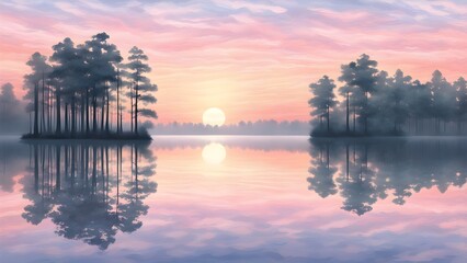 Obraz premium Serene sunrise over a calm lake reflected in still waters, with silhouetted pine forests on either side.