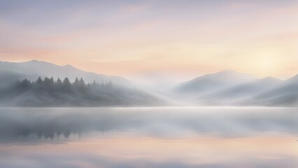 Serene sunrise over a tranquil lake reflecting misty mountains and a forest.