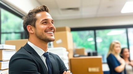 A man in a suit smiles confidently in a contemporary office filled with boxes and paperwork. Colleagues engage in discussion nearby, creating a collaborative atmosphere