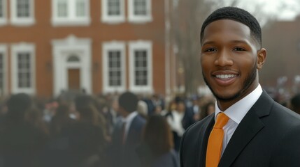 A confident young man stands smiling in a dark suit and orange tie during a graduation ceremony. In the background, fellow graduates celebrate outside a historic academic building