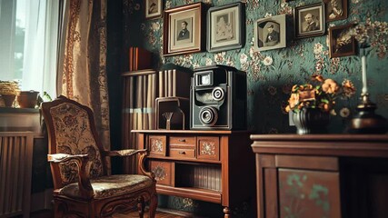Vintage living room interior featuring ornate furniture and framed portraits on floral wallpaper