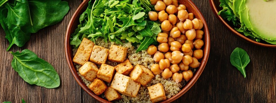 A vibrant vegan protein bowl, featuring quinoa, chickpeas