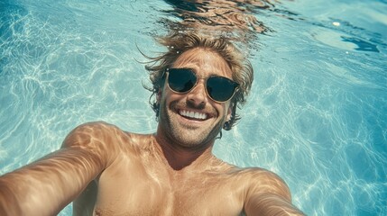 Fototapeta premium A man swims underwater with a big smile, showcasing his sunglasses and carefree attitude. The sunlight dances on the water's surface, enhancing the joyful atmosphere