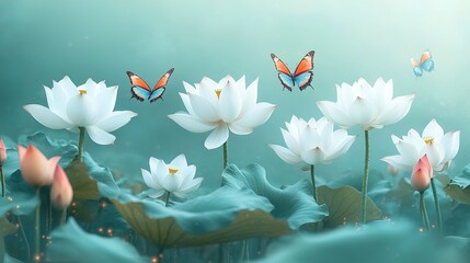 Serene Lotus Pond with Butterflies A Tranquil Summer Scene