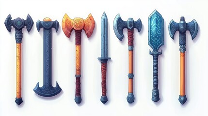 Vibrant Fantasy Weapons Collection with Swords Axes Shields Cartoon Style for Game UI