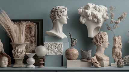 Sculptures and art decor on a minimalist shelf