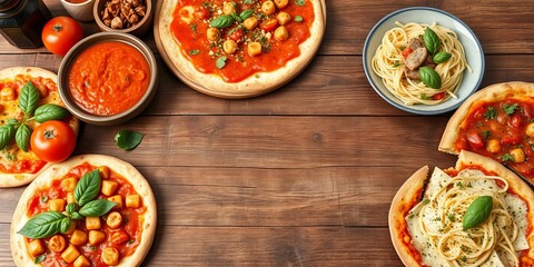 An inviting display of Italian cuisine on a wooden table with pasta, sauces, and pizzas, sauces, Italian, cuisine