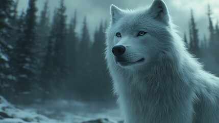 Obraz premium Majestic arctic wolf in snowy forest.