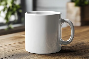 Fototapeta premium Blank white mug on wooden table. Perfect for designs, branding, or mockups.