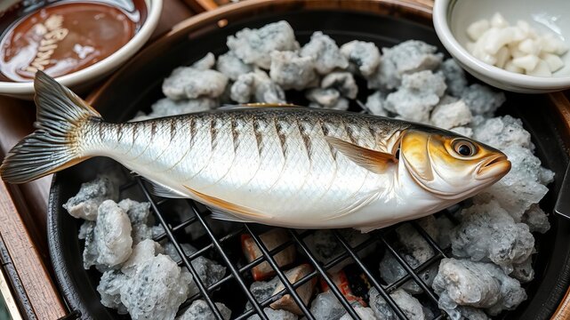 Close-up shot of a salt crusted grilled ayu sweetfish cooking over charcoal, a traditional Japanese delicacy, ayu fish, traditional, delicious