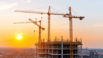 Sunset construction site cranes building a high-rise in a city