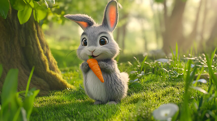 A fluffy bunny holding a carrot in a green meadow 
